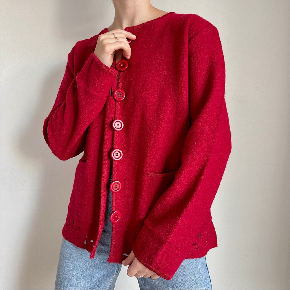 VINTAGE RINO ROSSI RED ROSE BOILED WOOL CUT OUT HEM CARDIGAN SWEATER JACKET M - Picture 2 of 8